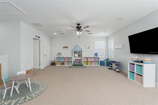 game room featuring recessed lighting, visible vents, carpet, and ceiling fan