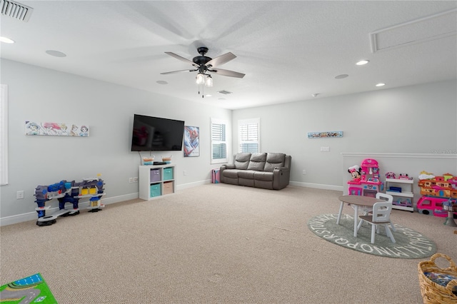 recreation room with visible vents, recessed lighting, baseboards, and carpet floors