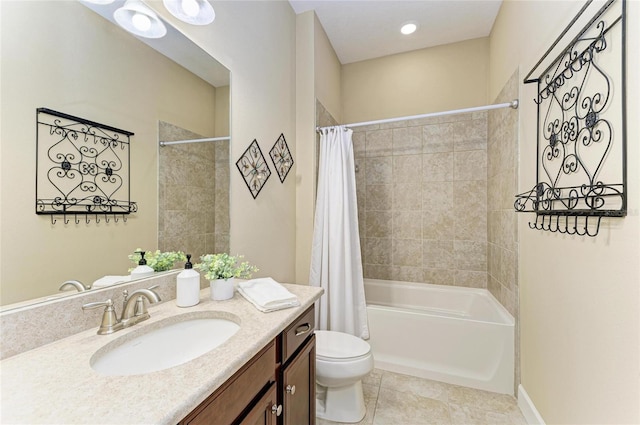 full bath with toilet, shower / bath combo, vanity, and tile patterned floors