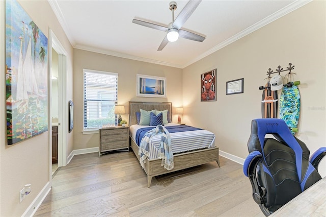 bedroom with ornamental molding, light wood-style flooring, and baseboards