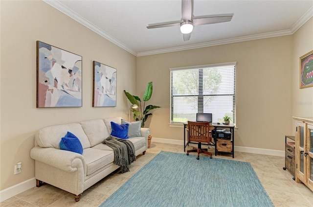 office area with baseboards, ornamental molding, and a ceiling fan