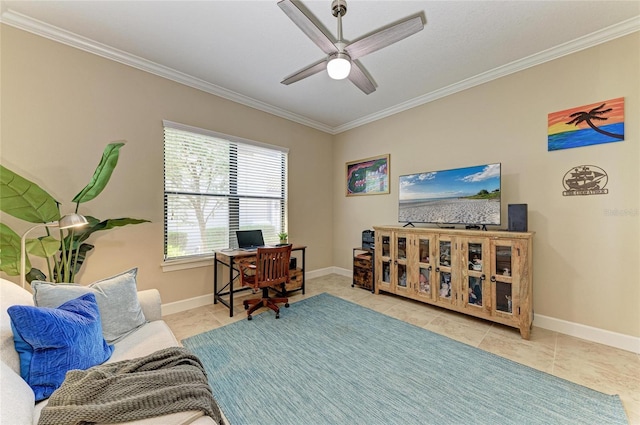 tiled office with ceiling fan, ornamental molding, and baseboards