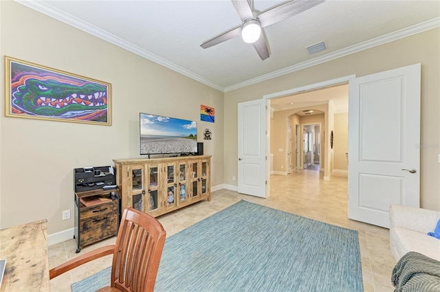 interior space featuring baseboards, ornamental molding, visible vents, and a ceiling fan