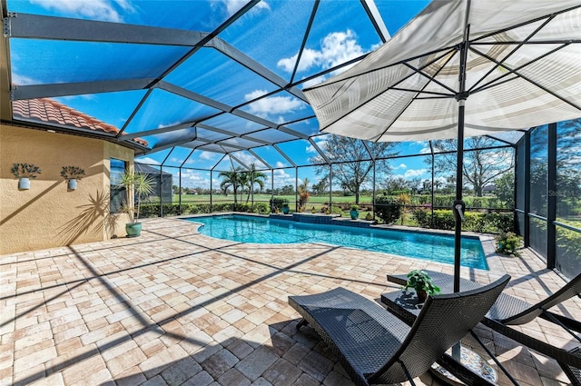 outdoor pool featuring a lanai and a patio area