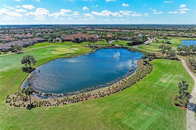 aerial view featuring a water view and golf course view