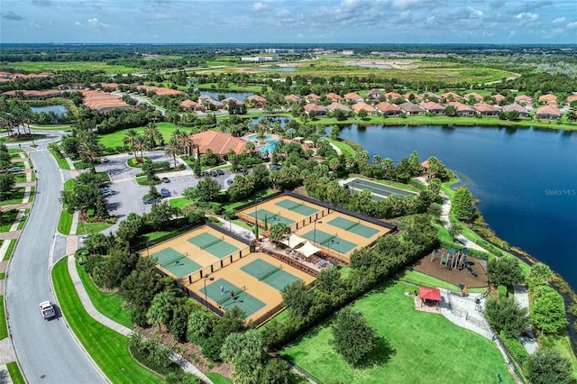 aerial view with a water view and a residential view