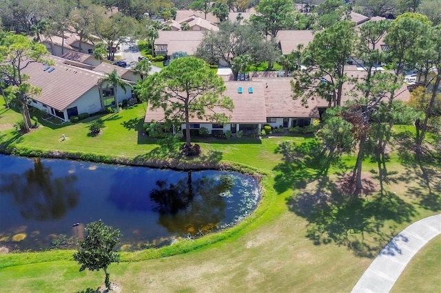 aerial view with a water view and a residential view