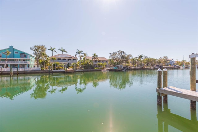 view of water feature with a dock