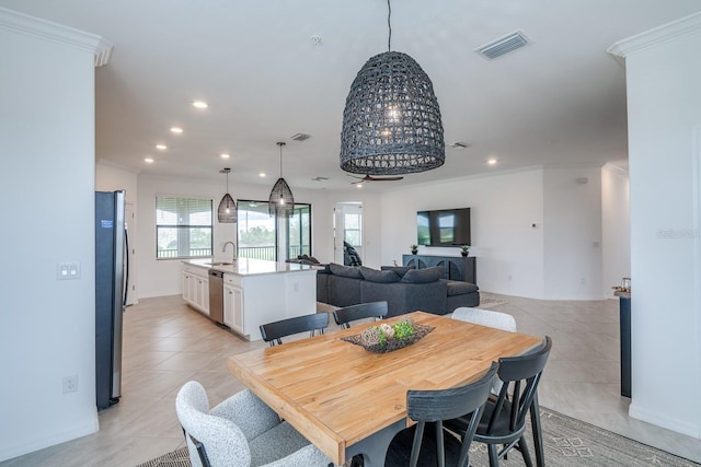 dining space featuring ornamental molding, recessed lighting, visible vents, and light tile patterned floors