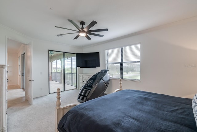 bedroom with light carpet, a ceiling fan, visible vents, access to exterior, and ornamental molding