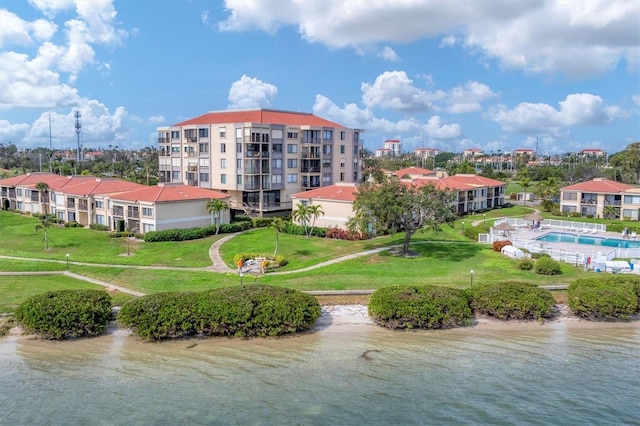 drone / aerial view featuring a water view