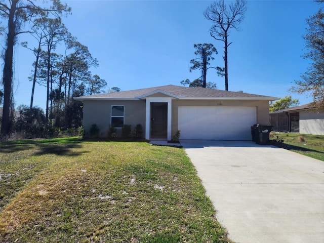 ranch-style house with a garage, driveway, a front lawn, and stucco siding