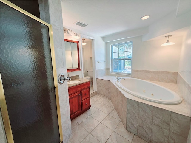 bathroom featuring visible vents, a shower stall, vanity, tile patterned flooring, and a whirlpool tub