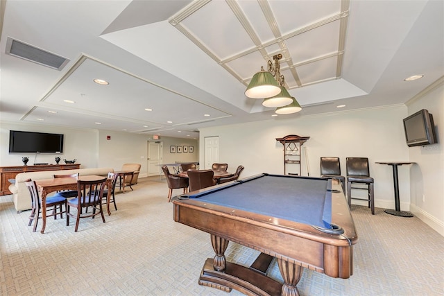 playroom featuring recessed lighting, light colored carpet, billiards, visible vents, and baseboards