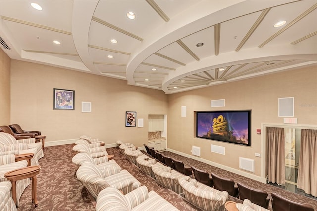 carpeted cinema with beam ceiling, recessed lighting, visible vents, coffered ceiling, and baseboards