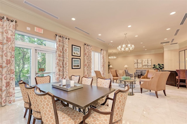 dining space with recessed lighting, visible vents, and ornamental molding