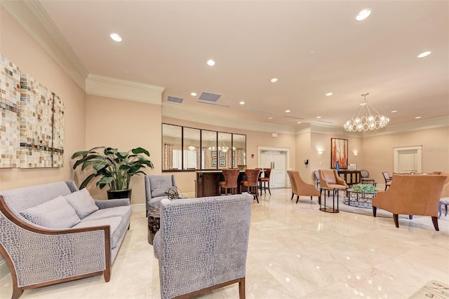 living room featuring an inviting chandelier, visible vents, crown molding, and recessed lighting