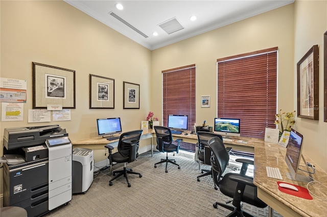 office featuring recessed lighting, visible vents, crown molding, and light colored carpet