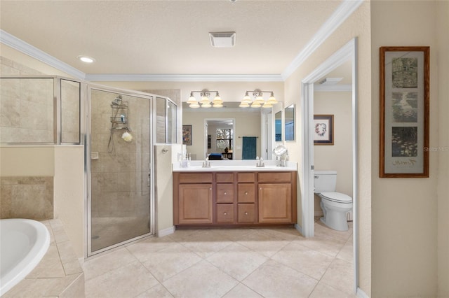 full bath featuring double vanity, a garden tub, crown molding, a shower stall, and a sink