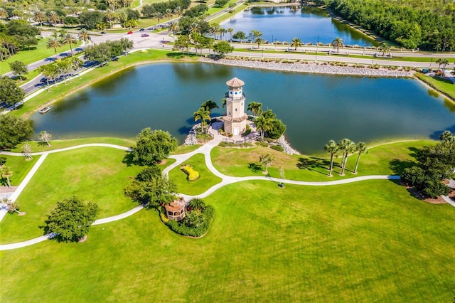 drone / aerial view featuring a water view