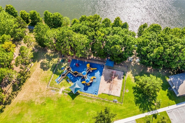 drone / aerial view featuring a water view