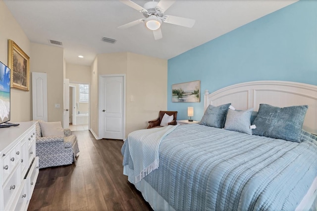 bedroom with dark wood-type flooring, a ceiling fan, and visible vents