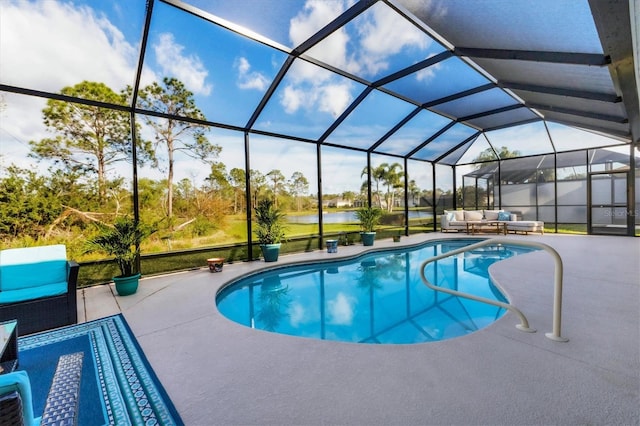 outdoor pool with a lanai, an outdoor living space, a patio, and a water view