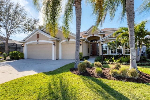 view of front of property featuring a garage, concrete driveway, a front lawn, and stucco siding