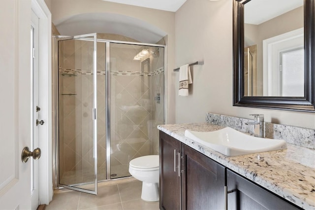 full bath featuring toilet, a shower stall, tile patterned flooring, and vanity