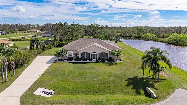 bird's eye view with a water view