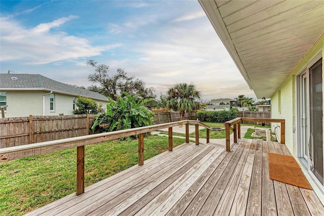 wooden deck with a fenced backyard and a yard