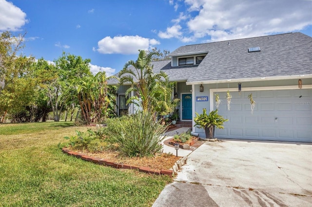 view of front of house with driveway, a shingled roof, an attached garage, a front yard, and stucco siding