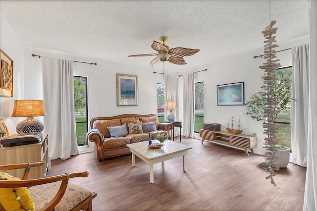 living room with ceiling fan, a textured ceiling, and wood finished floors