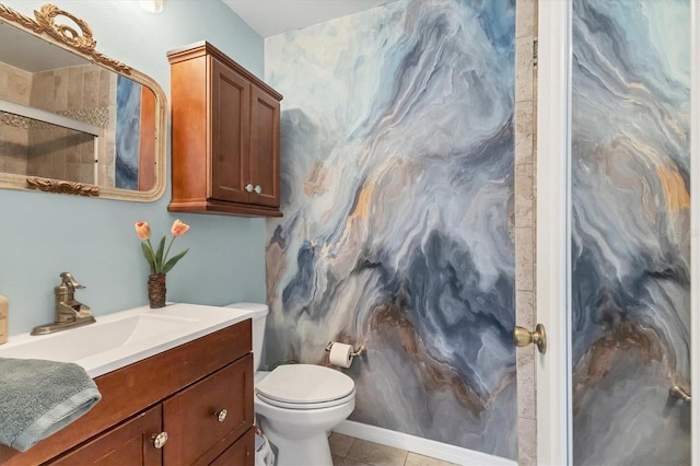 full bath with an enclosed shower, vanity, toilet, and tile patterned floors