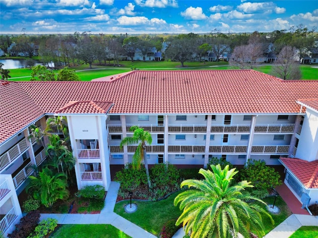 drone / aerial view featuring a water view