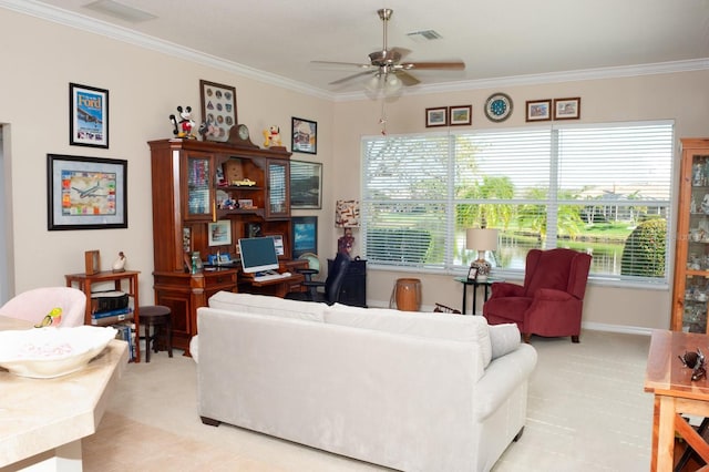 living area featuring ornamental molding, a ceiling fan, visible vents, and light tile patterned floors