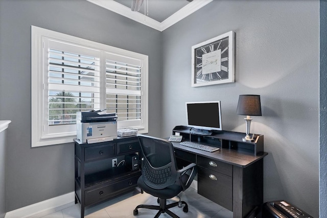 tiled office space featuring baseboards and ornamental molding