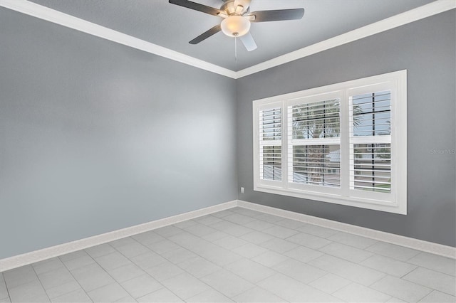 unfurnished room featuring baseboards, a ceiling fan, and crown molding