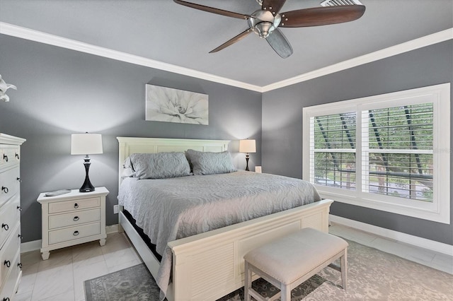 bedroom with visible vents, baseboards, ceiling fan, crown molding, and marble finish floor