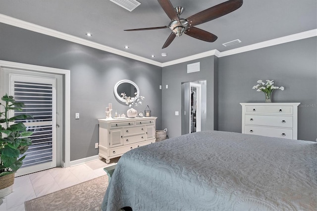 bedroom featuring visible vents, ornamental molding, baseboards, and access to outside