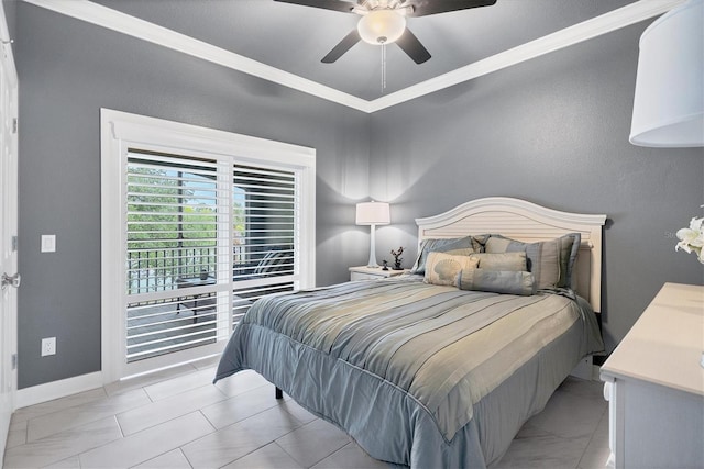 bedroom with access to outside, a ceiling fan, and baseboards