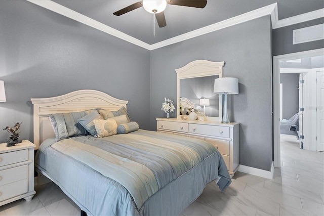 bedroom with visible vents, marble finish floor, crown molding, baseboards, and ceiling fan