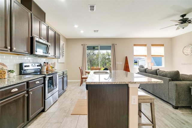 kitchen with stainless steel appliances, visible vents, open floor plan, backsplash, and a center island with sink