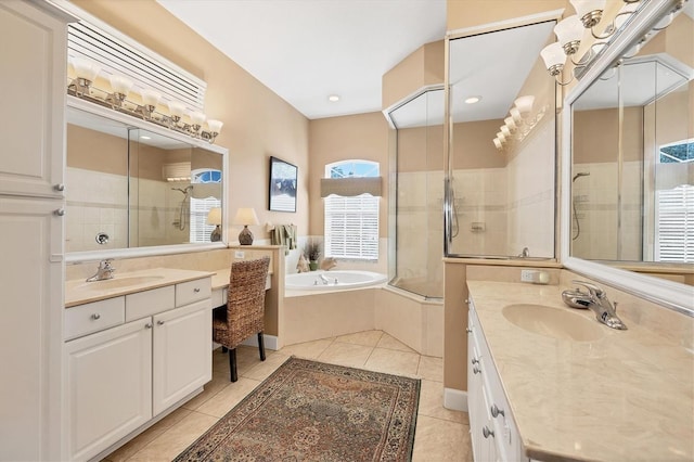 full bathroom with two vanities, a sink, and tile patterned floors