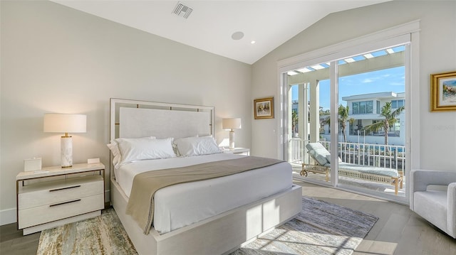 bedroom with lofted ceiling, light wood-style flooring, recessed lighting, visible vents, and access to outside