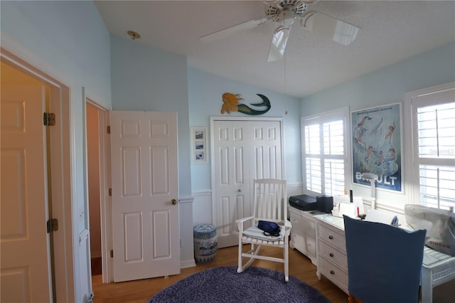 interior space featuring a ceiling fan, vaulted ceiling, and wood finished floors