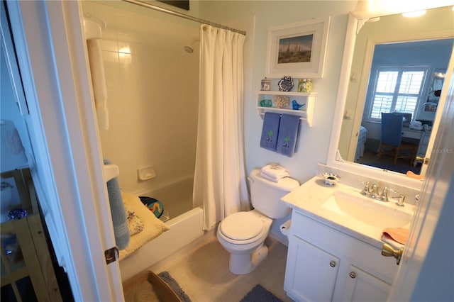 full bath with toilet, shower / bath combination with curtain, and vanity