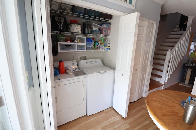 laundry room featuring light wood-style floors, washing machine and dryer, and laundry area