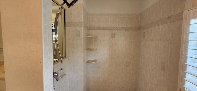 room details with a textured wall and tiled shower