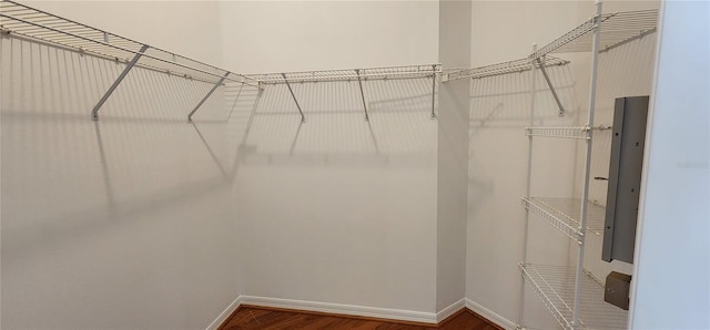 walk in closet with wood finished floors